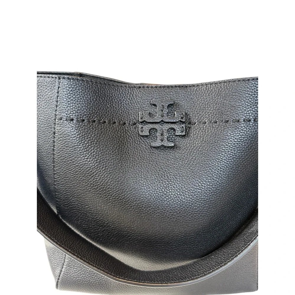Tory Burch McGraw Small Bucket Bag Black Pebbled Leather Gold Hardware Handbag